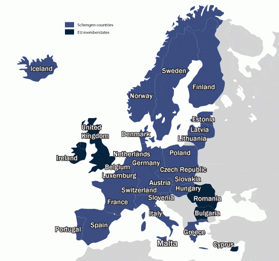 Bản đồ các nước thuộc khối Schengen và EU